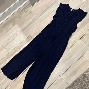 POPSUGAR Navy Ruffle Jumpsuit 7/8 Length soft and light fabric